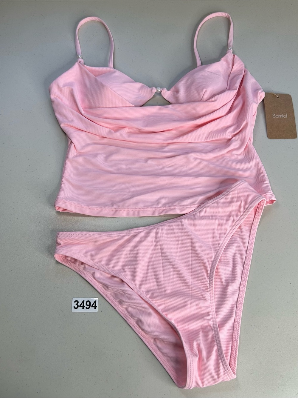 Samiol Pink Ribbed Pearl Accent Tankini Bikini Set Swimwear Size Medium - Picture 9 of 9